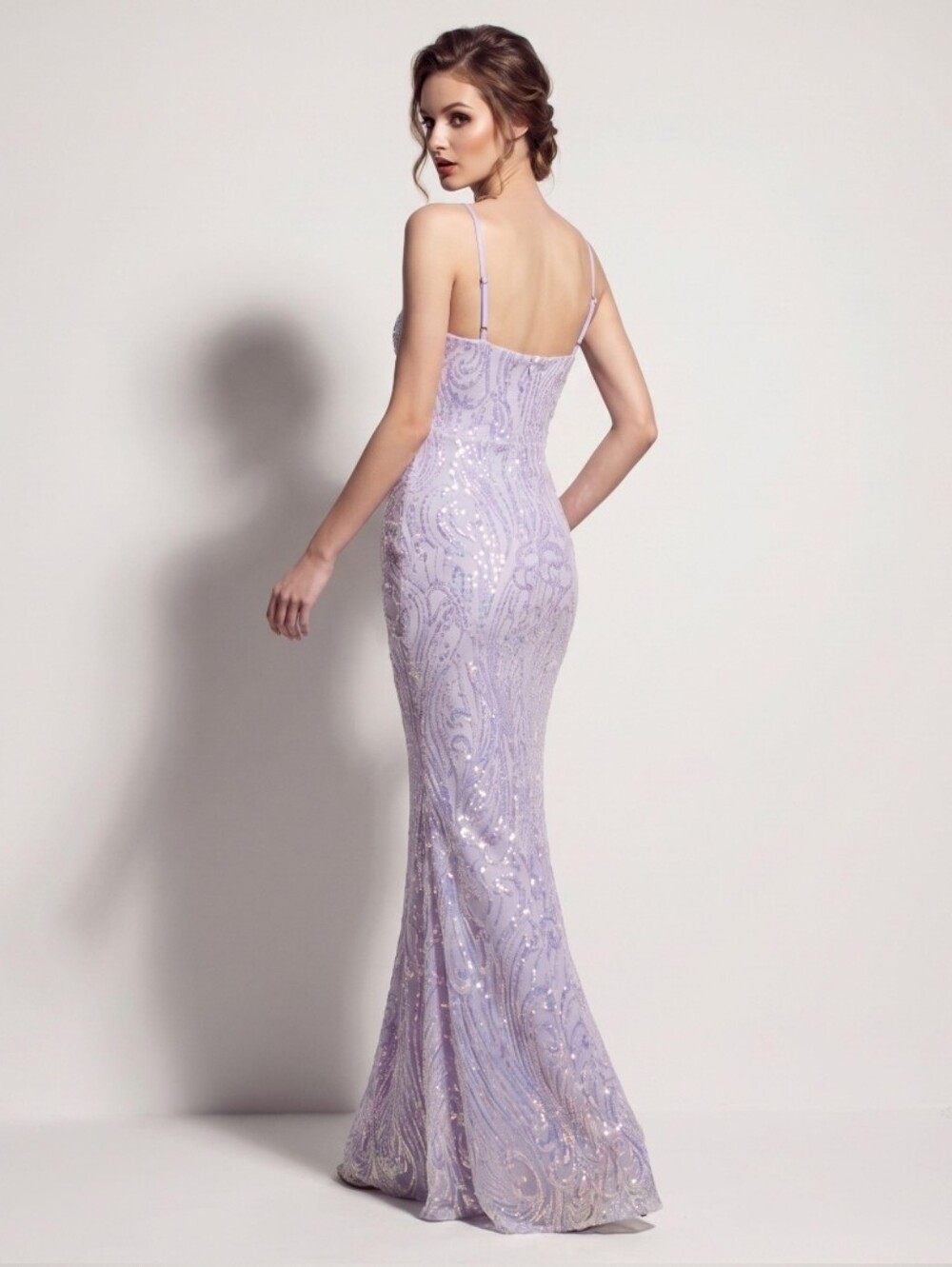 Lilac Sequin Spaghetti-Strap Evening Gown - Picture 6 of 11
